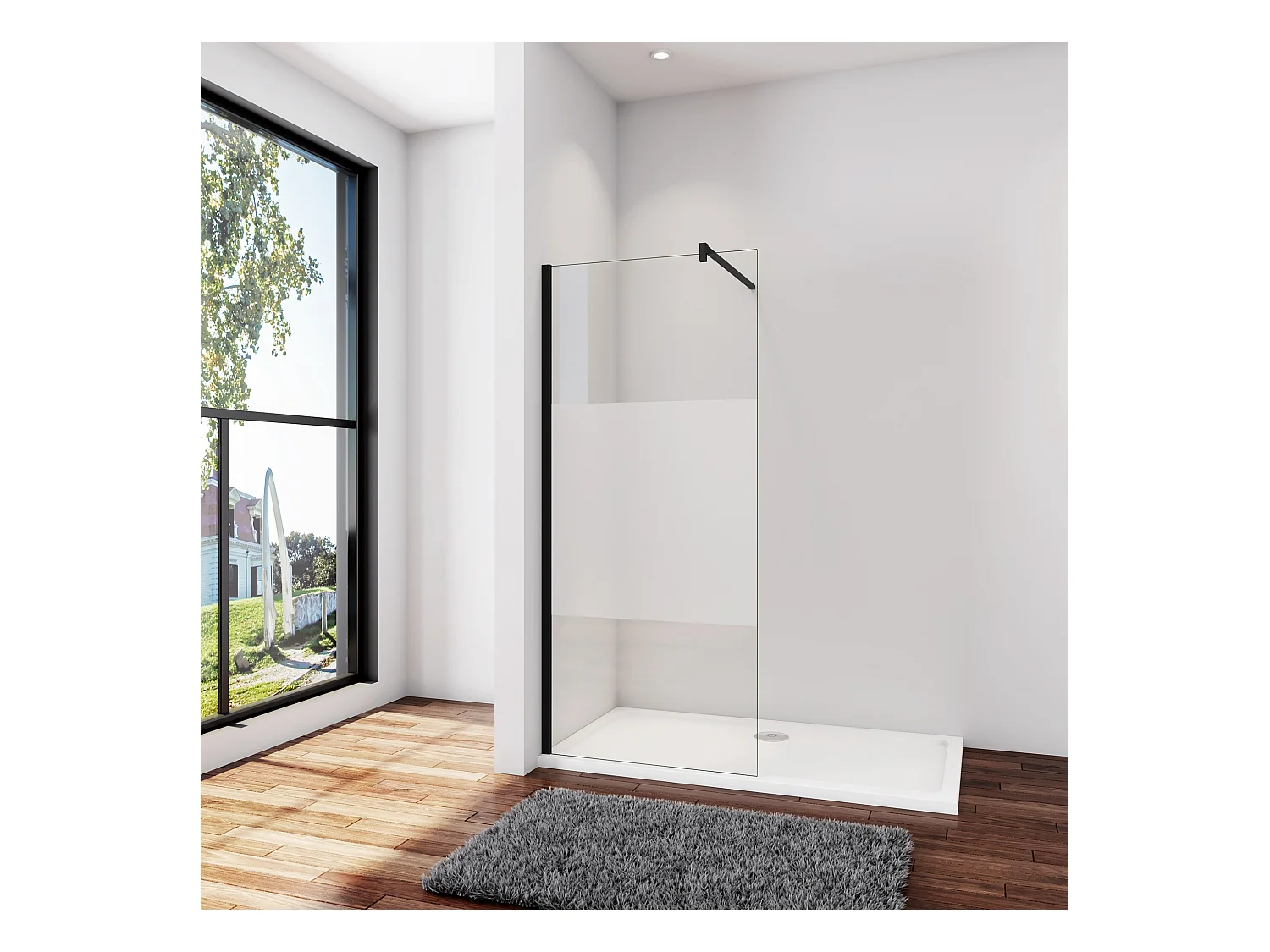 Inloopdouche-douchewand-walk in 140x200 cm,8mm midden wit gematteerd gehard glas met explosieveilige folie+F-vorm: 90 Stabilisatiestang,mat zwart aluminium profiel.