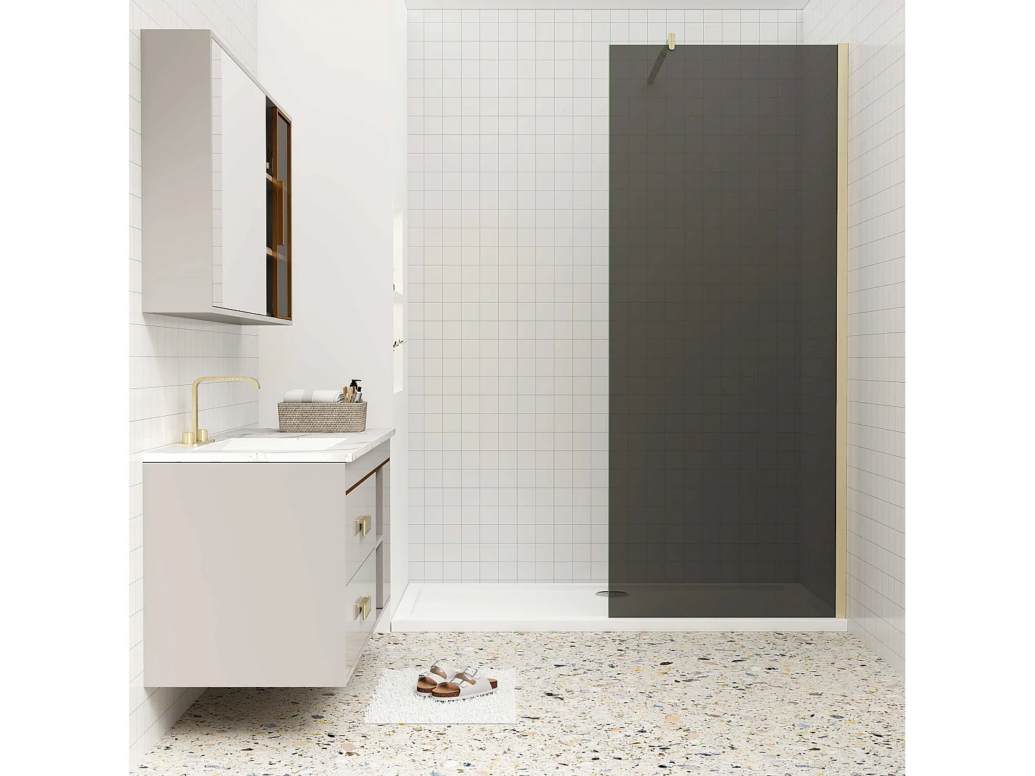 Inloopdouche 140x200cm met zwart folie,10mm NANO EasyClean veiligheidsglas,70-120cm Stabilisatiestang,gouden profiel.