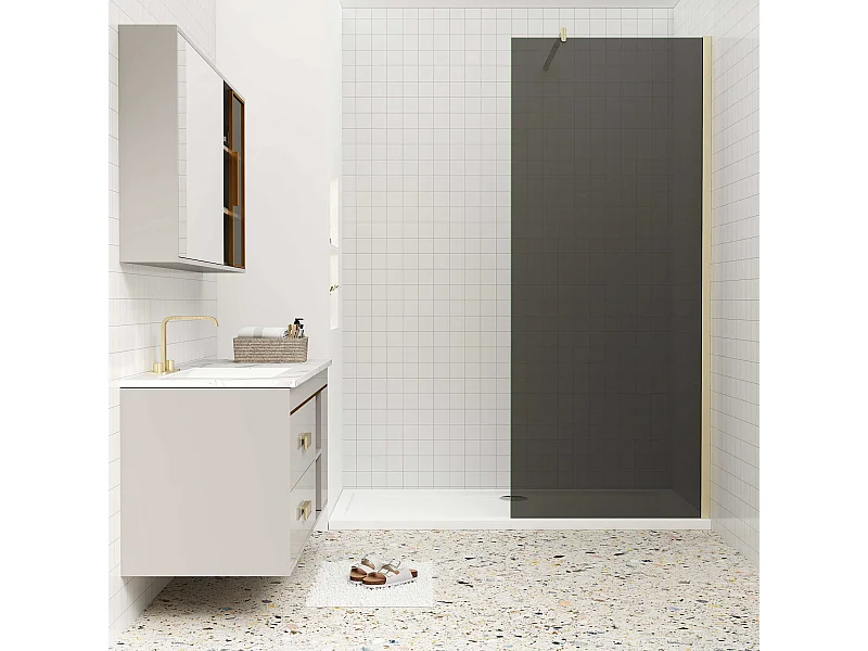 Inloopdouche 140x200cm met zwart folie,10mm NANO EasyClean veiligheidsglas,70-120cm Stabilisatiestang,gouden profiel.