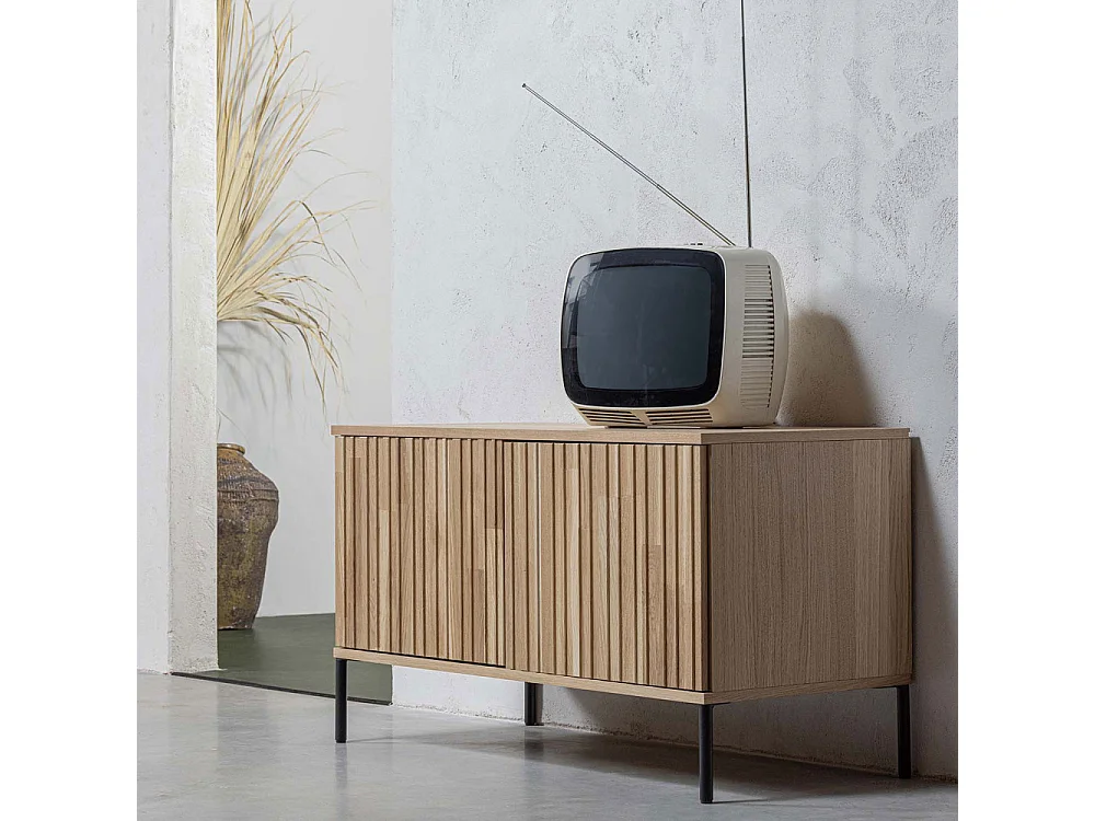 New Gravure - Meuble TV 2 portes en bois L100cm - Bois clair