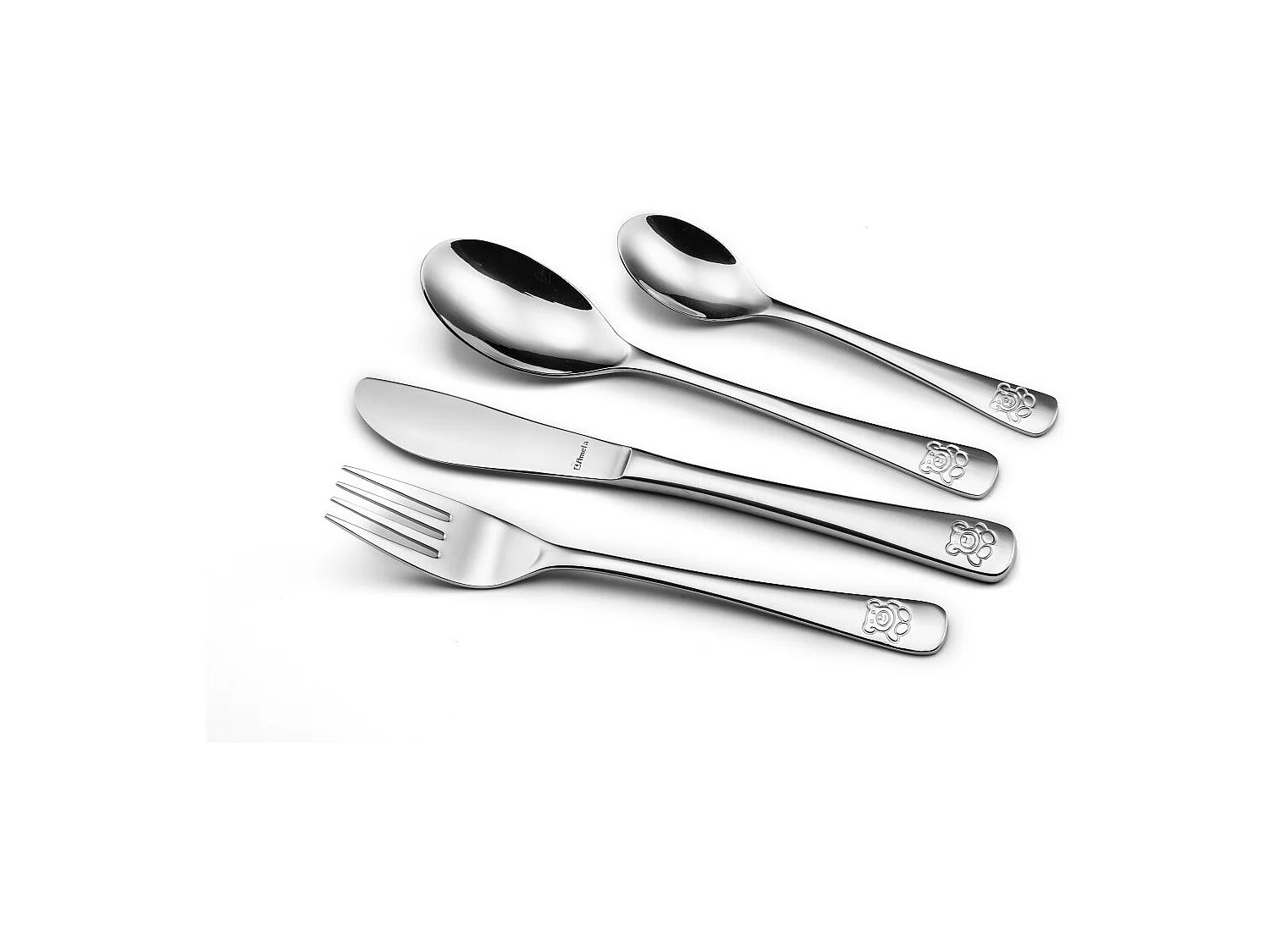 Bestekset voor kinderen met gegraveerd motief van een beer in roestvrij staal