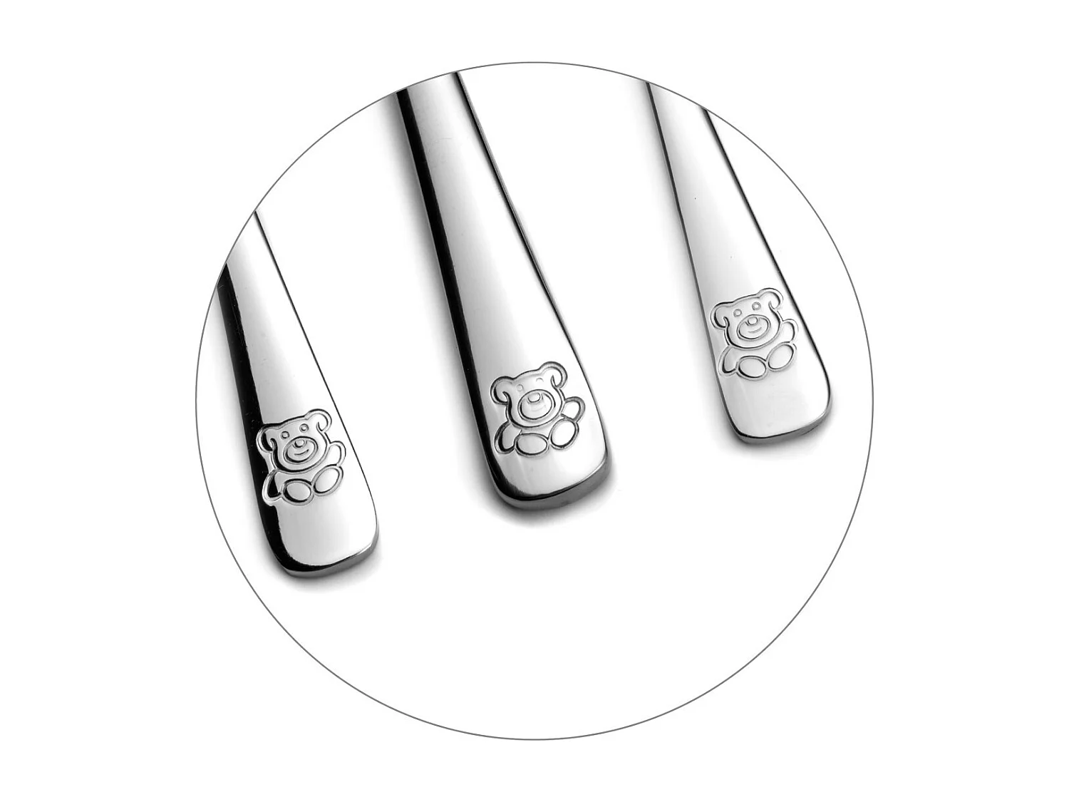 Bestekset voor kinderen met gegraveerd motief van een beer in roestvrij staal