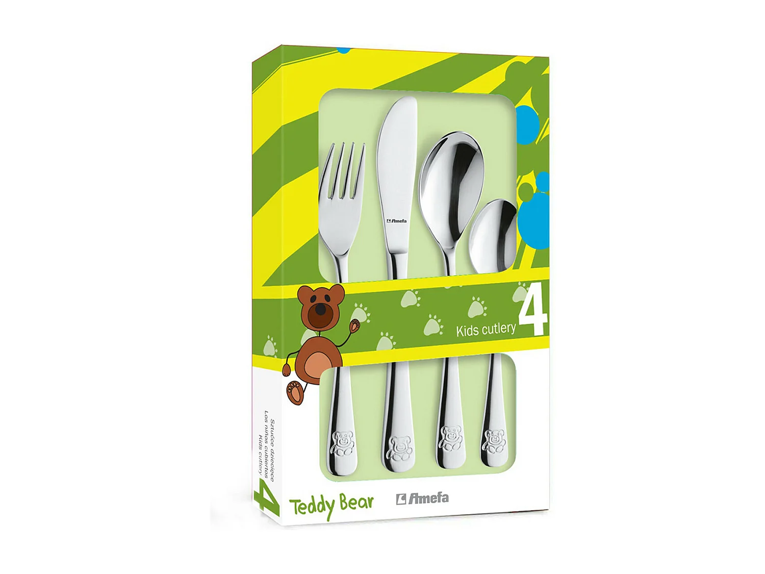 Bestekset voor kinderen met gegraveerd motief van een beer in roestvrij staal