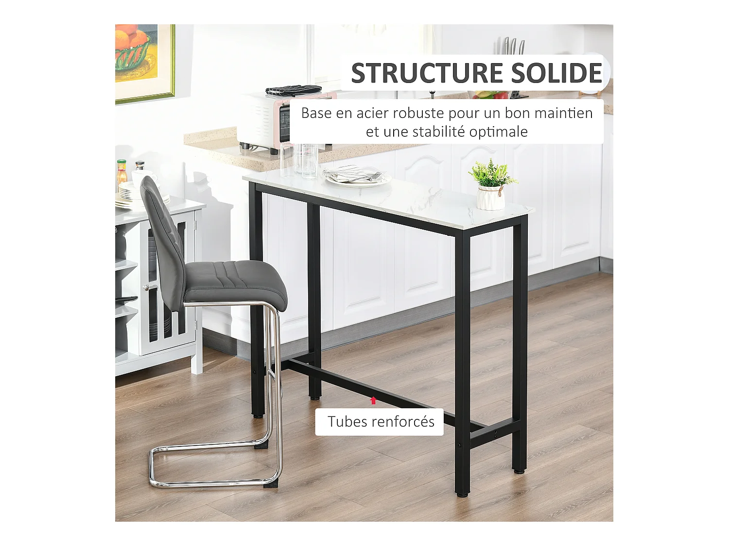 Table de bar - table haute de cuisine - dim. 120 x 40 x 100 cm - aspect marbre blanc acier noir