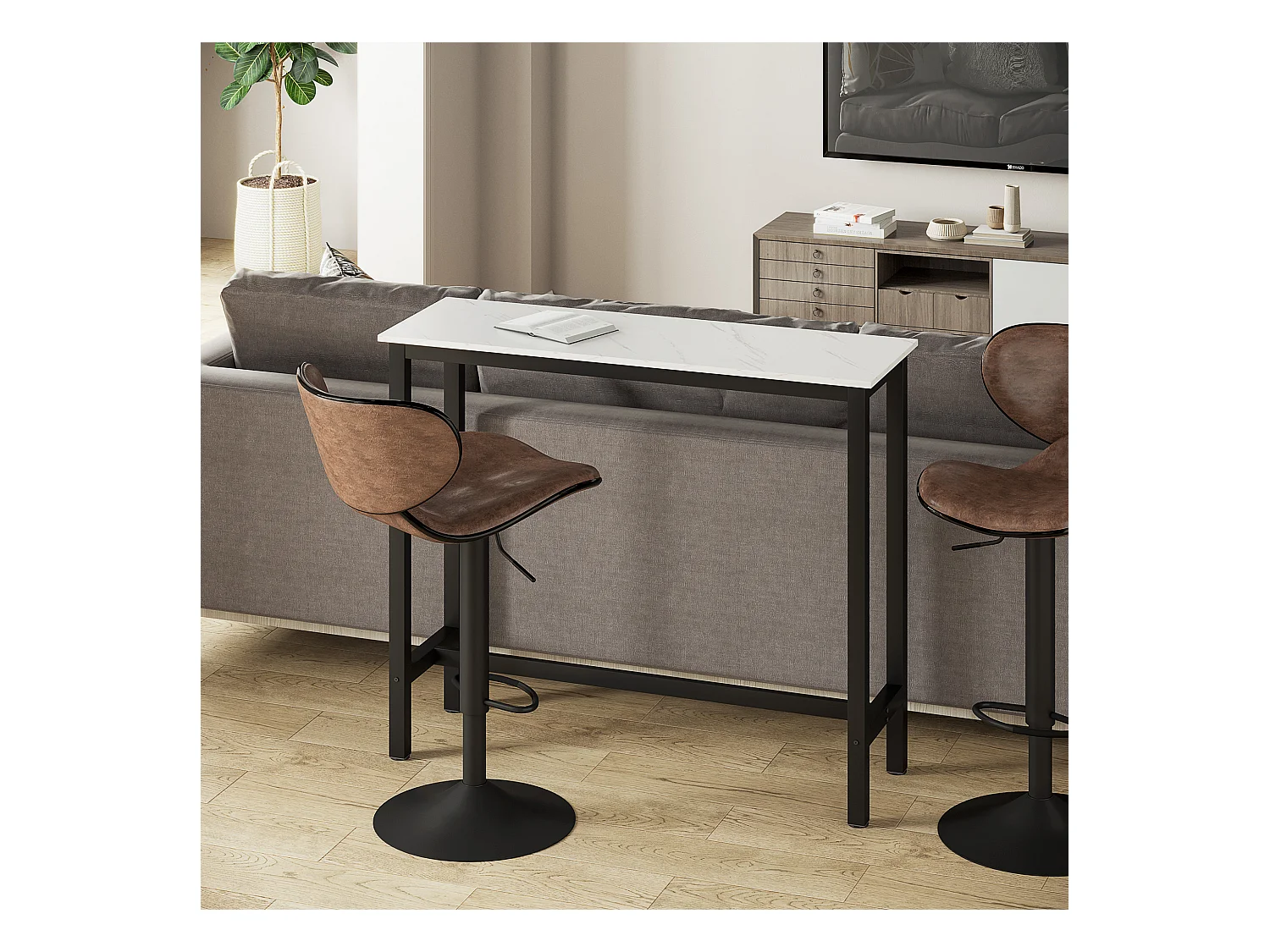 Table de bar - table haute de cuisine - dim. 120L x 40l x 100H cm - châssis piètement acier noir, plateau aspect marbre blanc