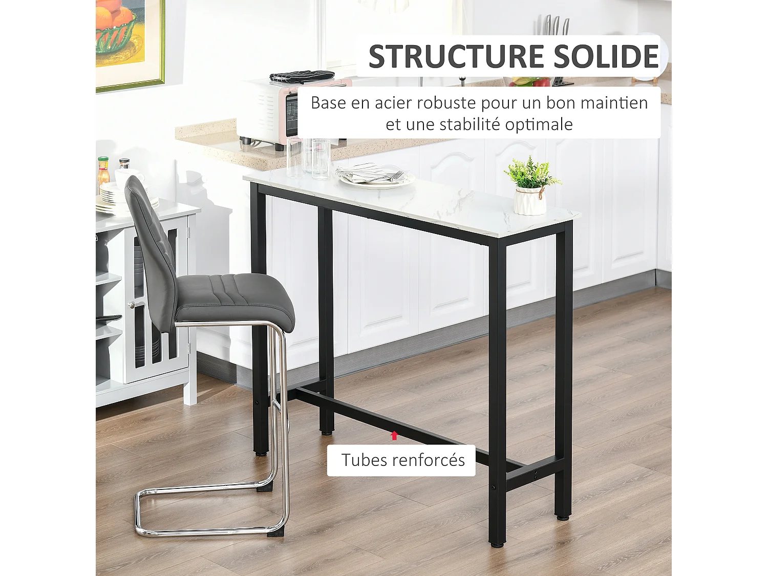 Table de bar - table haute de cuisine - dim. 120 x 40 x 100 cm - aspect marbre blanc acier noir