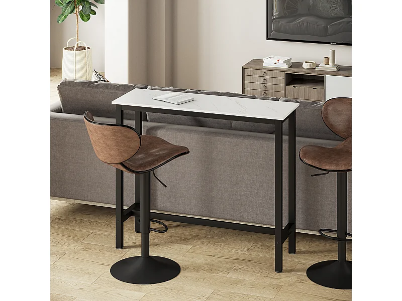 Table de bar - table haute de cuisine - dim. 120 x 40 x 100 cm - aspect marbre blanc acier noir