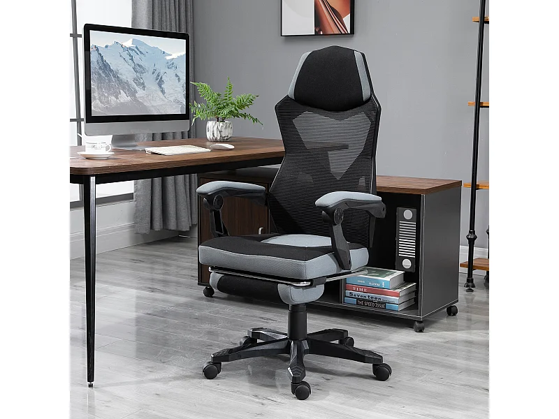 Fauteuil gaming chaise gamer dossier et hauteur réglable roulettes pivotantes repose-pied tissu maille gris noir