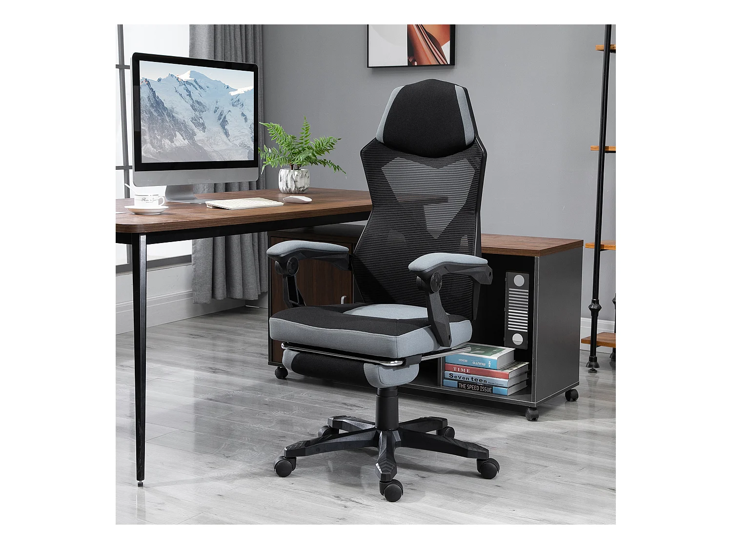 Fauteuil gaming chaise gamer dossier et hauteur réglable roulettes pivotantes repose-pied tissu maille gris noir