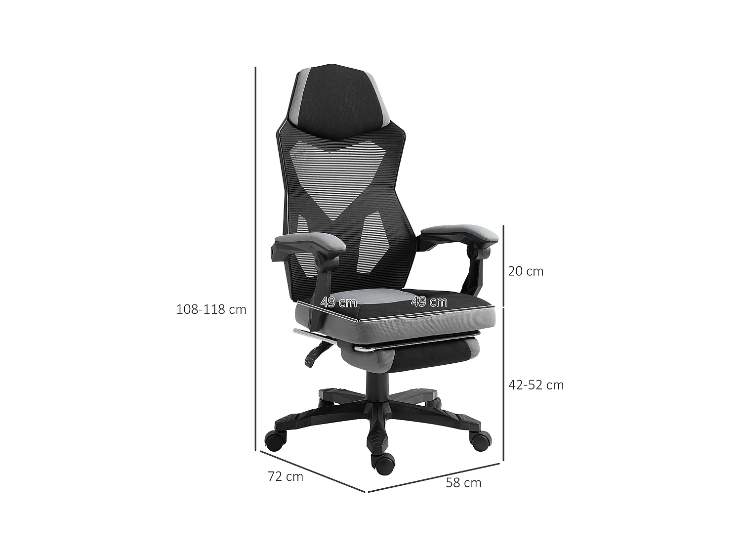 Fauteuil gaming chaise gamer dossier et hauteur réglable roulettes pivotantes repose-pied tissu maille gris noir