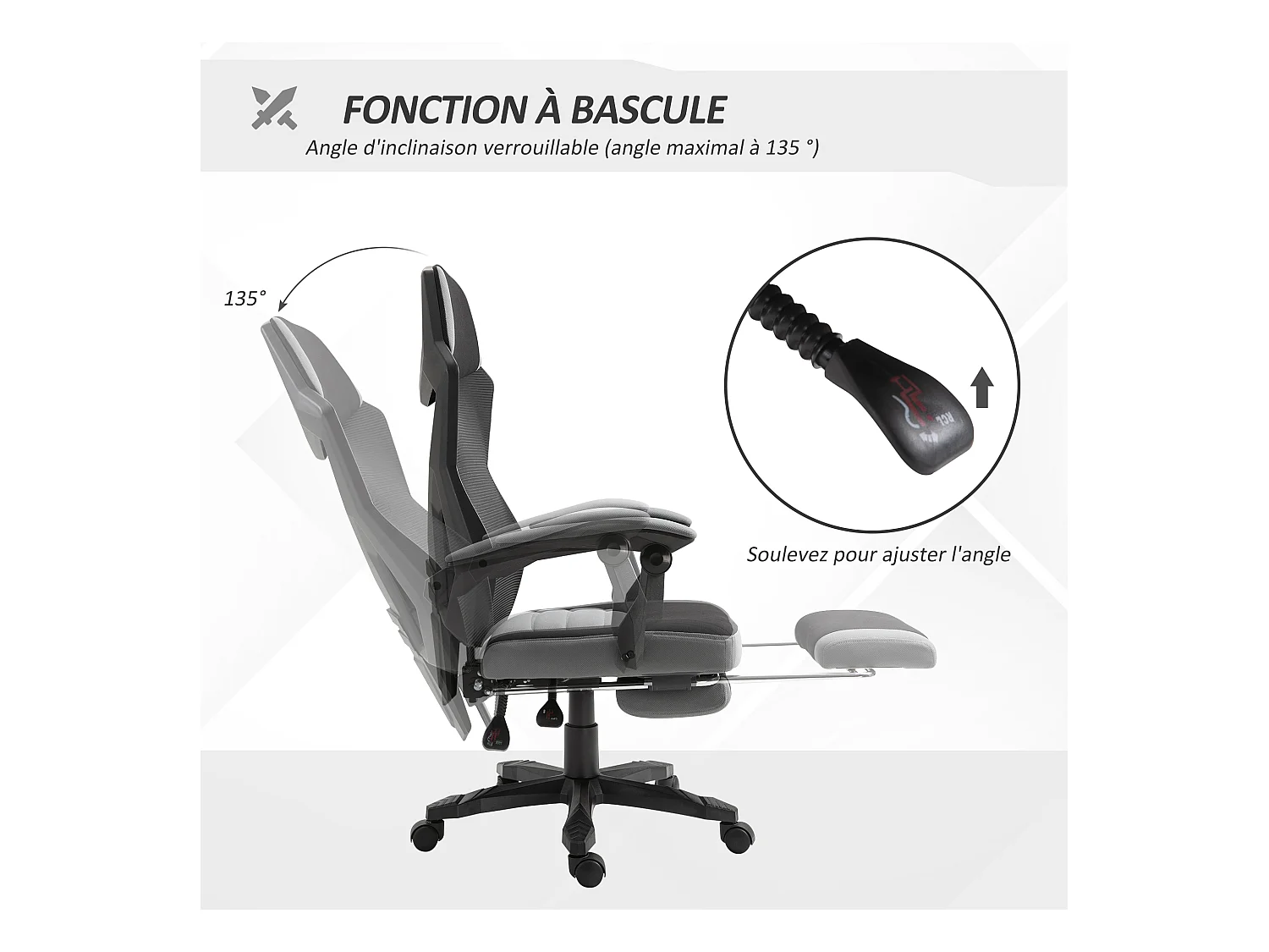 Fauteuil gaming chaise gamer dossier et hauteur réglable roulettes pivotantes repose-pied tissu maille gris noir