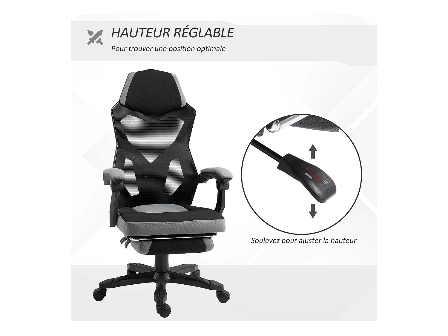 Fauteuil gaming chaise gamer dossier et hauteur réglable roulettes pivotantes repose-pied tissu maille gris noir