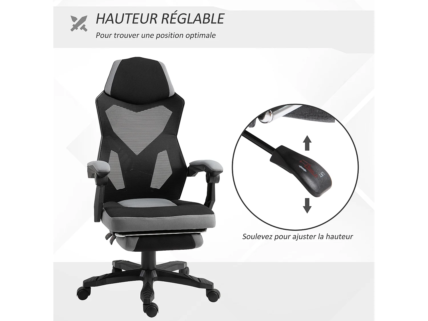 Fauteuil gaming chaise gamer dossier et hauteur réglable roulettes pivotantes repose-pied tissu maille gris noir