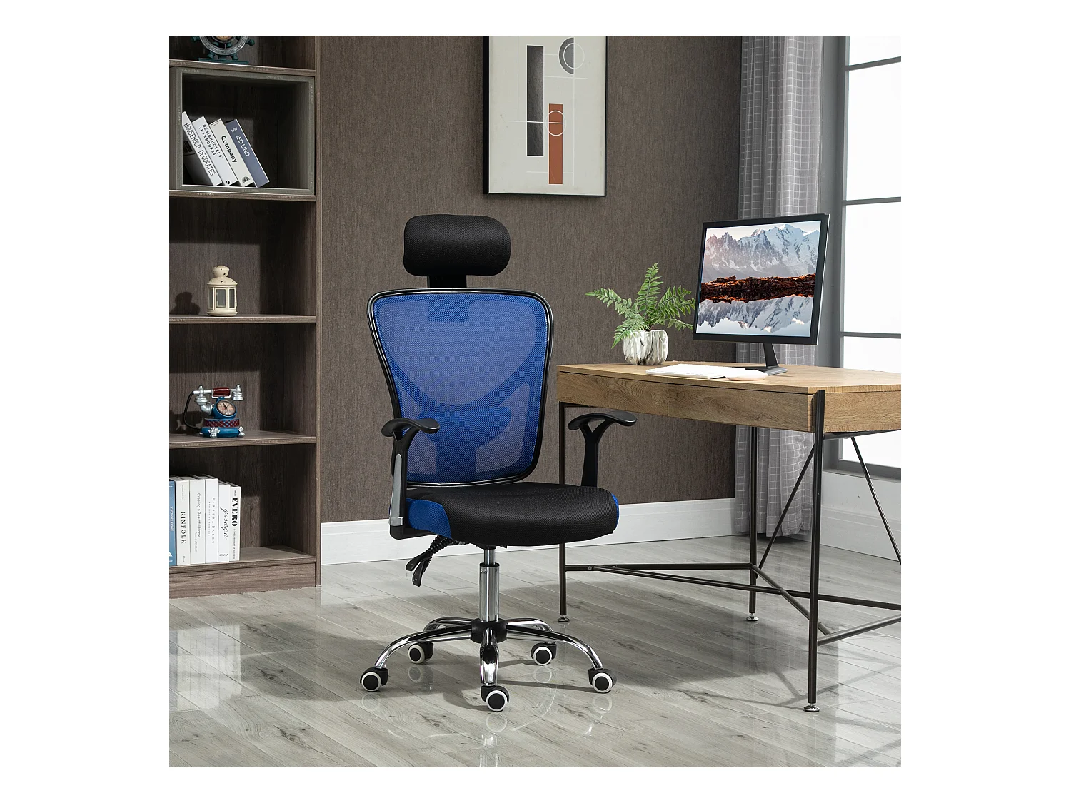 Vinsetto Chaise de bureau manager grand confort réglable dossier inclinable piètement chromé tissu maille polyester bleu noir