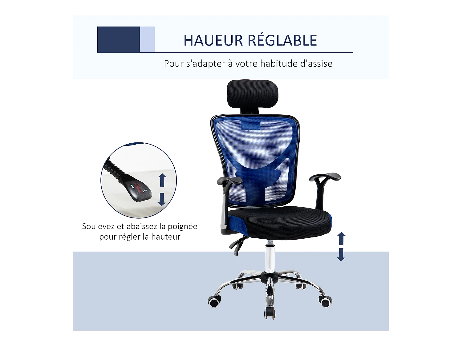 Vinsetto Chaise de bureau manager grand confort réglable dossier inclinable piètement chromé tissu maille polyester bleu noir