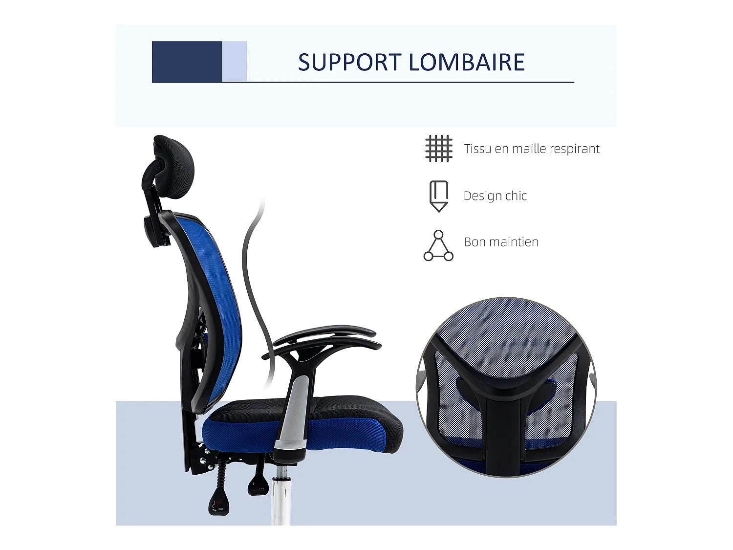 Vinsetto Chaise de bureau manager grand confort réglable dossier inclinable piètement chromé tissu maille polyester bleu noir
