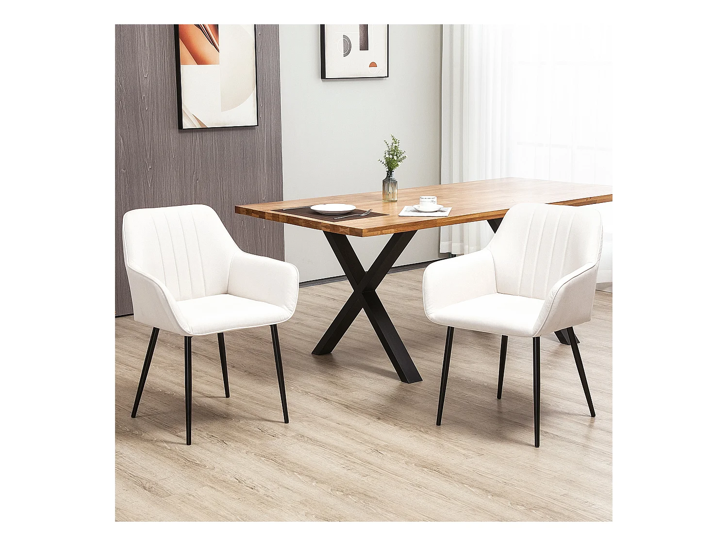 Chaises de visiteur design scandinave - lot de 2 chaises - pieds effilés métal noir - assise dossier accoudoirs ergonomiques lin crème