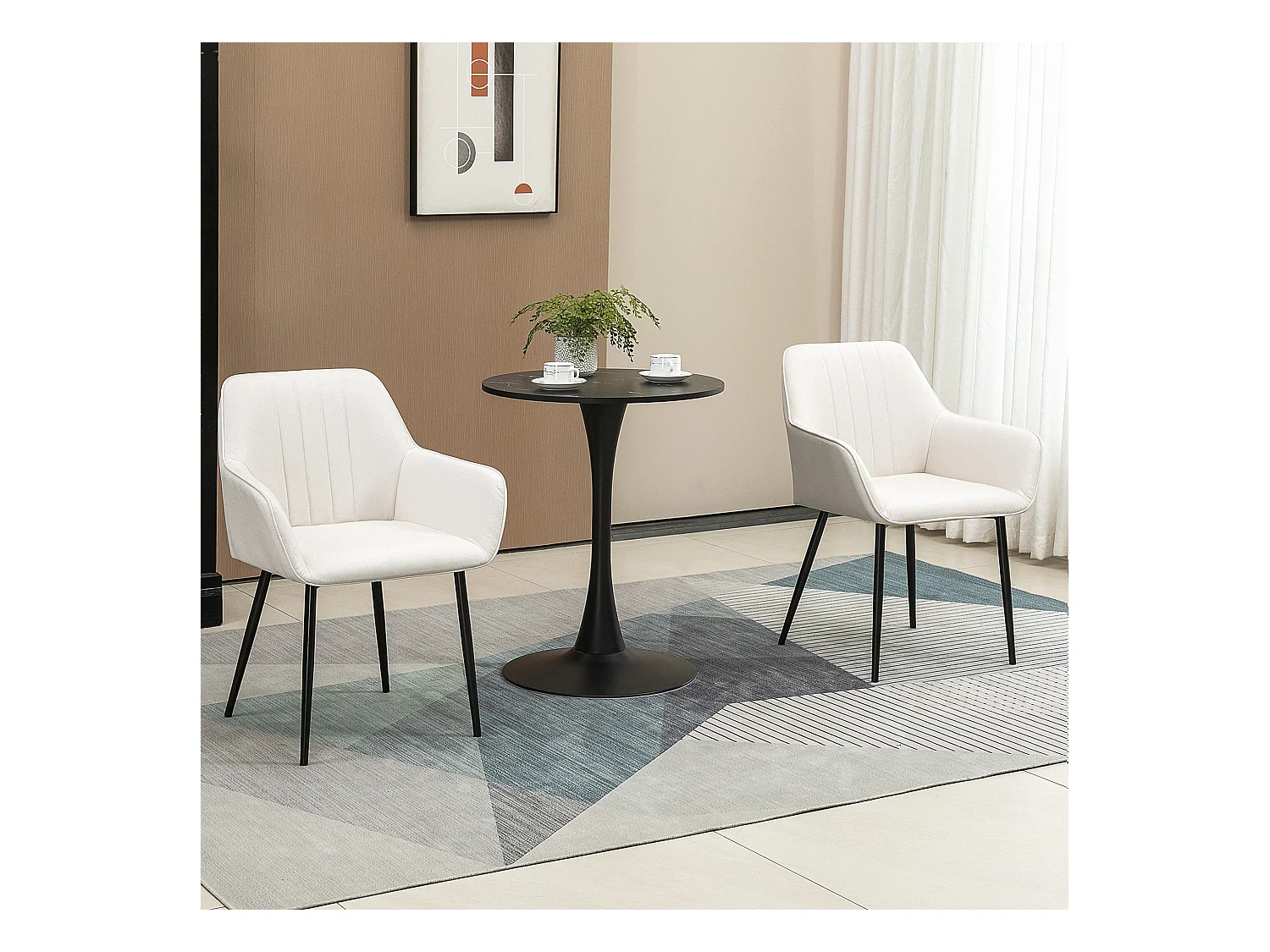 Chaises de visiteur design scandinave - lot de 2 chaises - pieds effilés métal noir - assise dossier accoudoirs ergonomiques lin crème