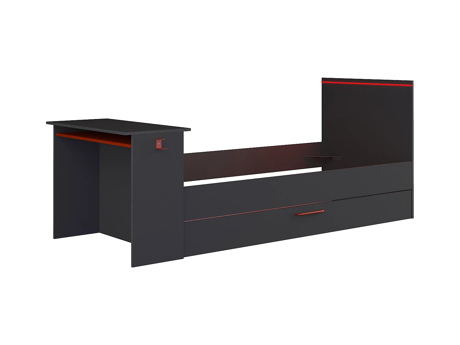 Ausziehbett Gamer mit Schreibtisch & LEDs - 90 x 200 und 90 x 190 cm - Anthrazit & Rot - VOUANI