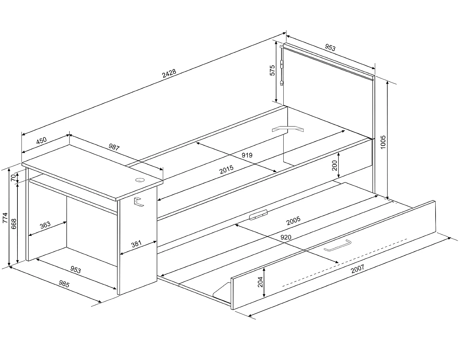 Lit gigogne gamer 2 x 90 x 200 cm - Avec bureau - LEDs - Anthracite et rouge - VOUANI