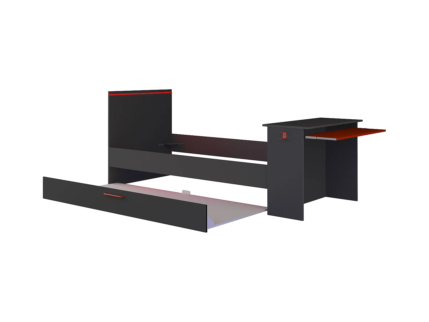 Ausziehbett Gamer mit Schreibtisch & LEDs - 90 x 200 und 90 x 190 cm - Anthrazit & Rot - VOUANI