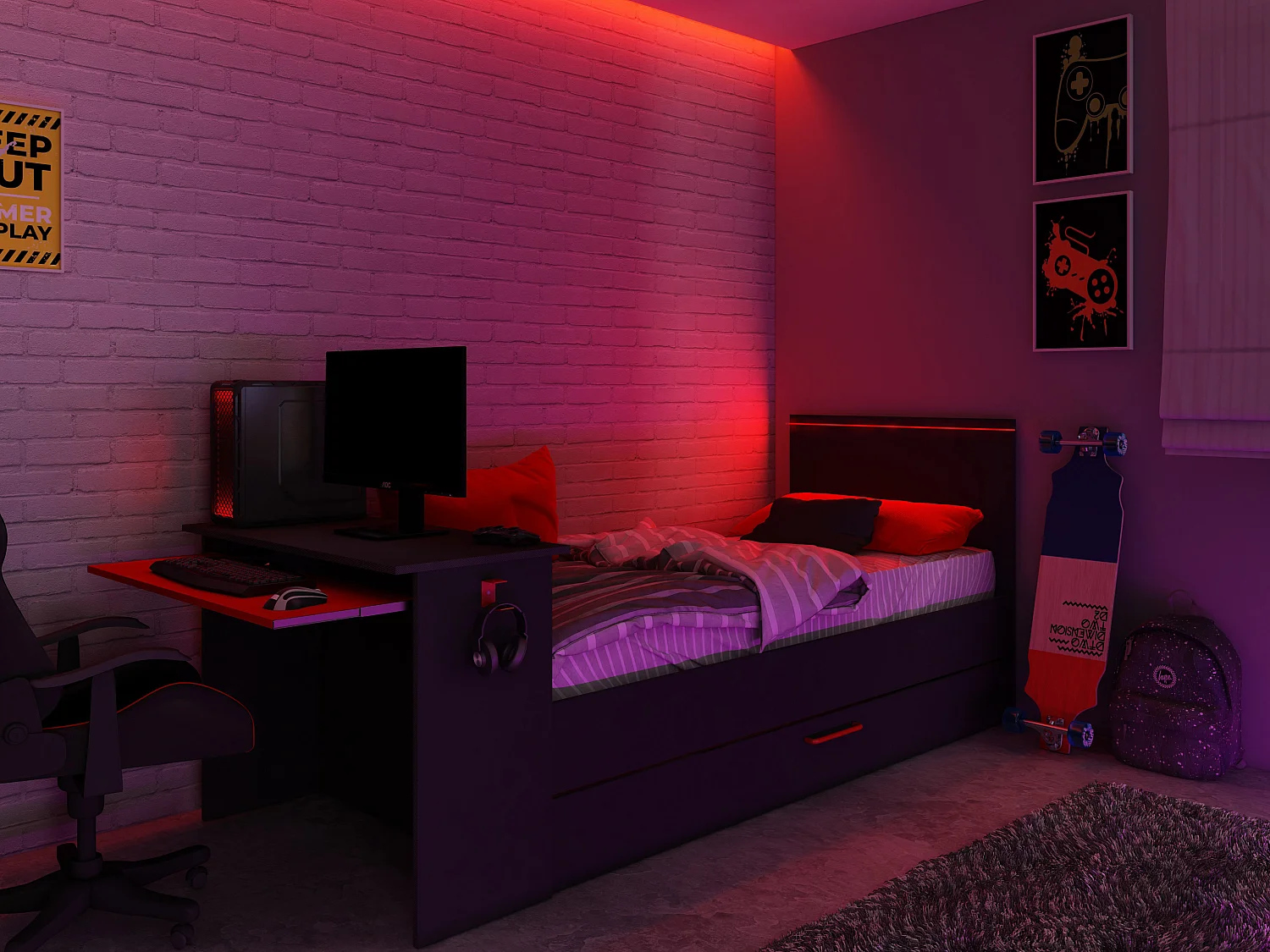 Ausziehbett Gamer mit Schreibtisch & LEDs - 90 x 200 und 90 x 190 cm - Anthrazit & Rot - VOUANI