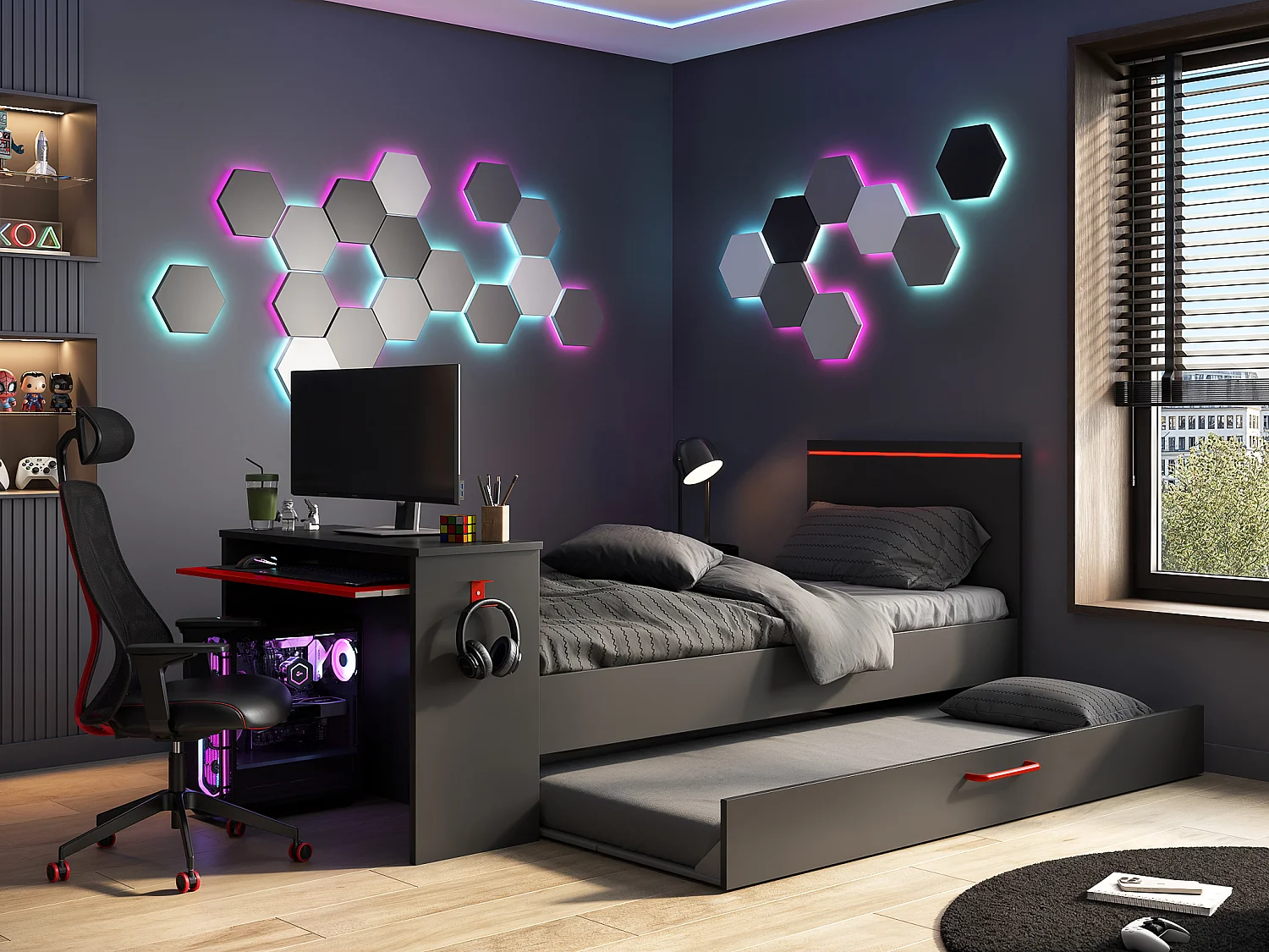 Lit gigogne gamer 2 x 90 x 200 cm - Avec bureau - LEDs - Anthracite et rouge - VOUANI