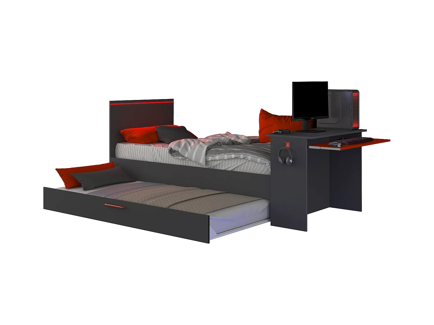 Lit gigogne gamer 2 x 90 x 200 cm - Avec bureau - LEDs - Anthracite et rouge - VOUANI