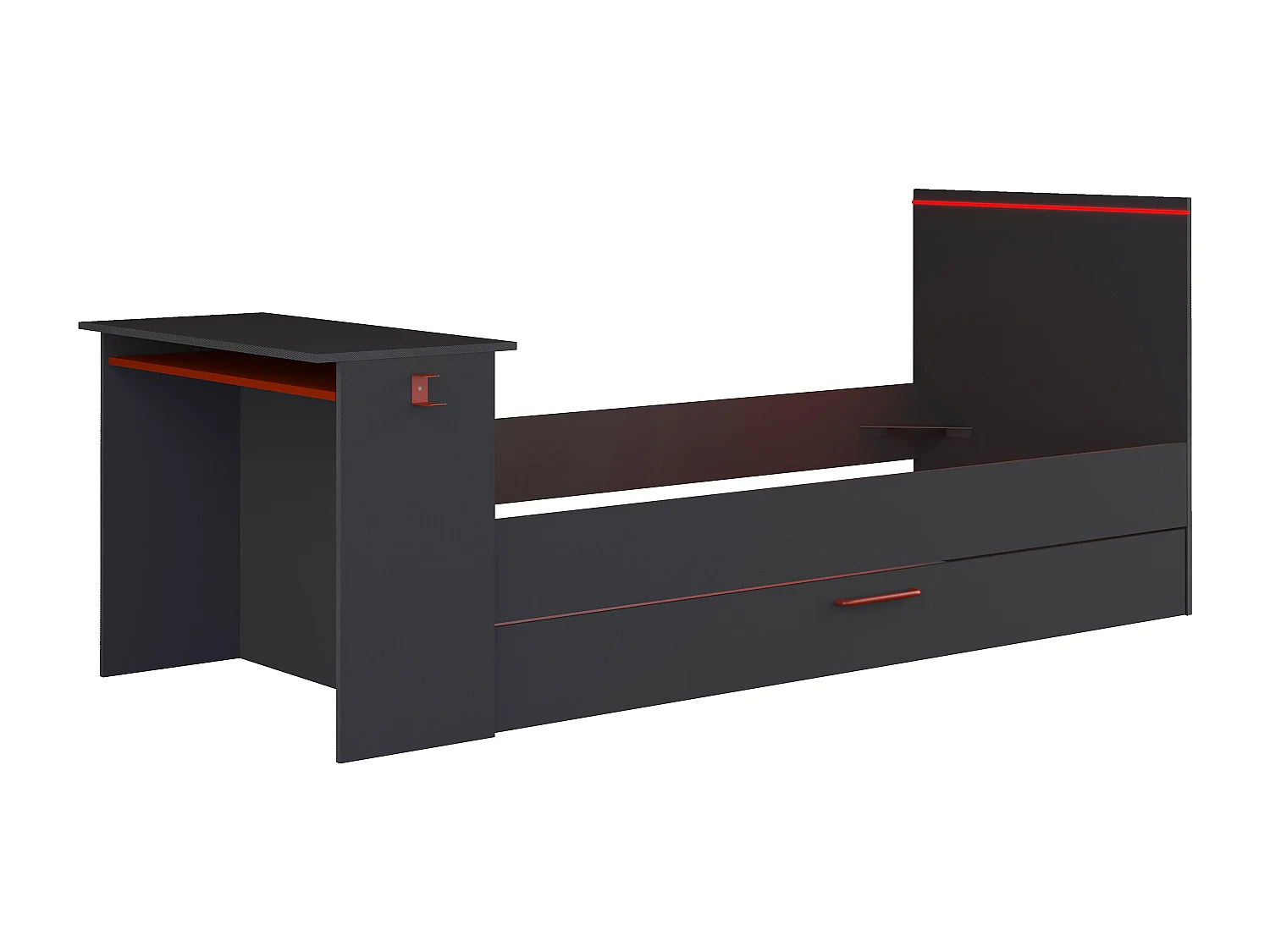 Ausziehbett Gamer mit Schreibtisch & LEDs - 90 x 200 und 90 x 190 cm - Anthrazit & Rot - VOUANI