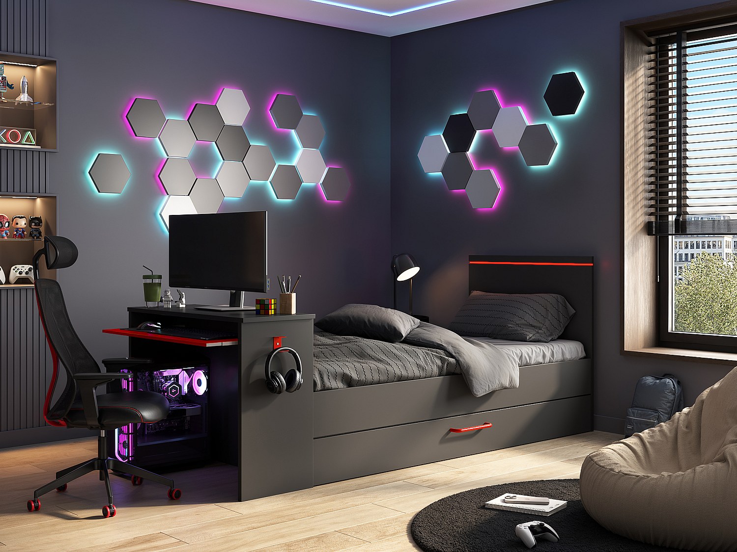 Ausziehbett Gamer mit Schreibtisch & LEDs - 90 x 200 und 90 x 190 cm - Anth günstig online kaufen