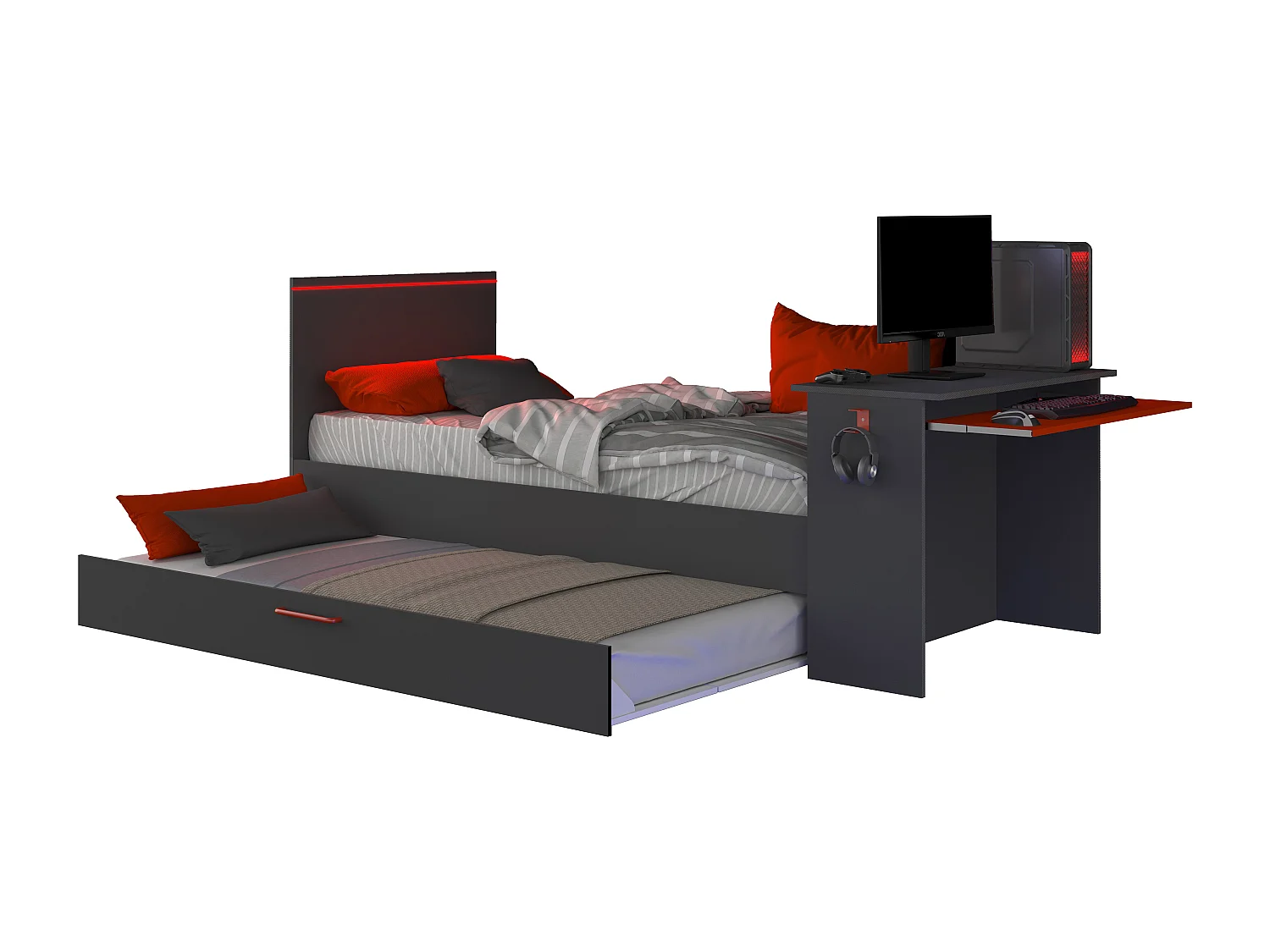 Ausziehbett Gamer mit Schreibtisch & LEDs - 90 x 200 und 90 x 190 cm - Anthrazit & Rot - VOUANI
