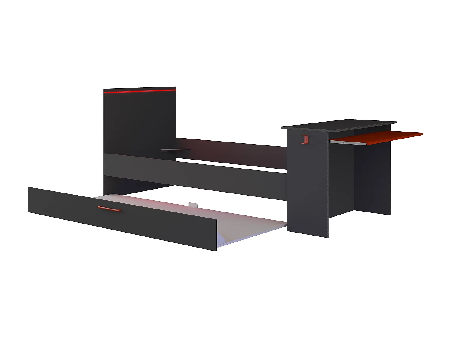 Ausziehbett Gamer mit Schreibtisch & LEDs - 90 x 200 und 90 x 190 cm - Anthrazit & Rot - VOUANI