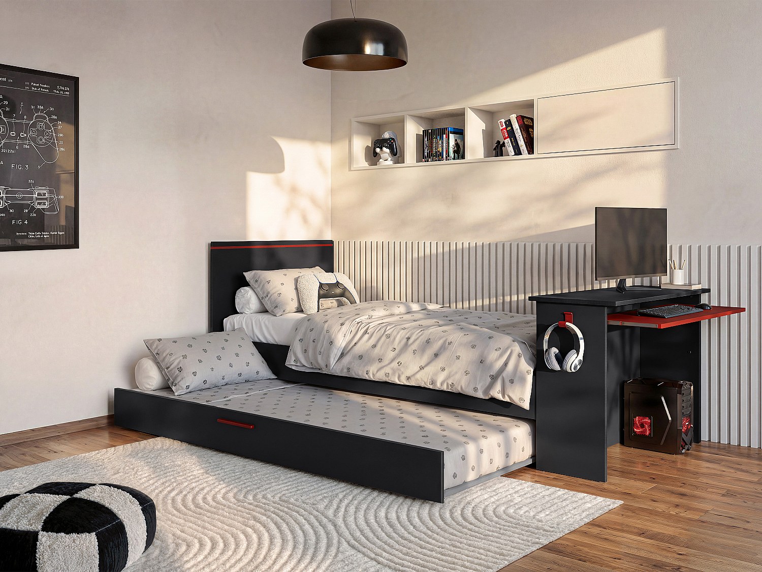 Ausziehbett Gamer mit Schreibtisch & LEDs - 90 x 200 und 90 x 190 cm - Anthrazit & Rot - VOUANI