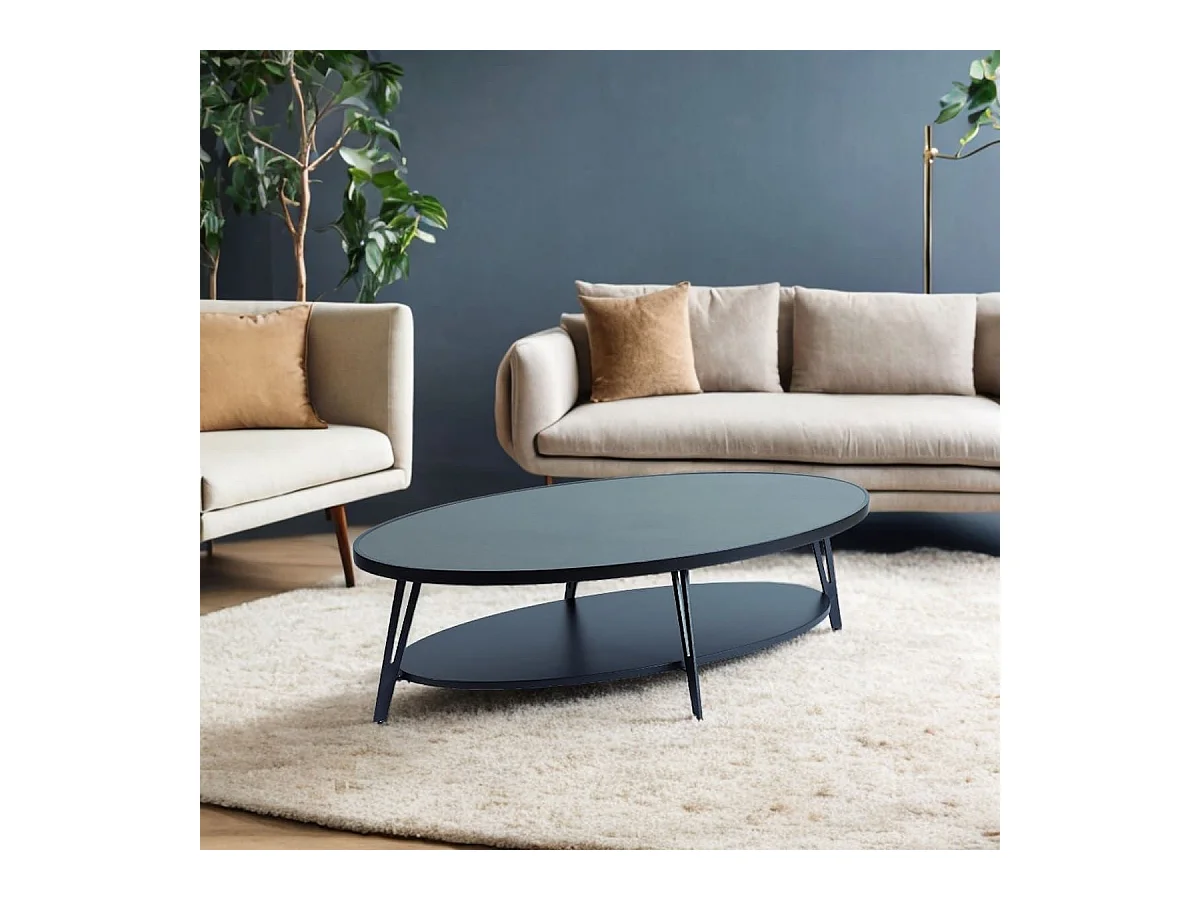 LAUREN - Table Basse Ovale Plateau Céramique Piètement Noir