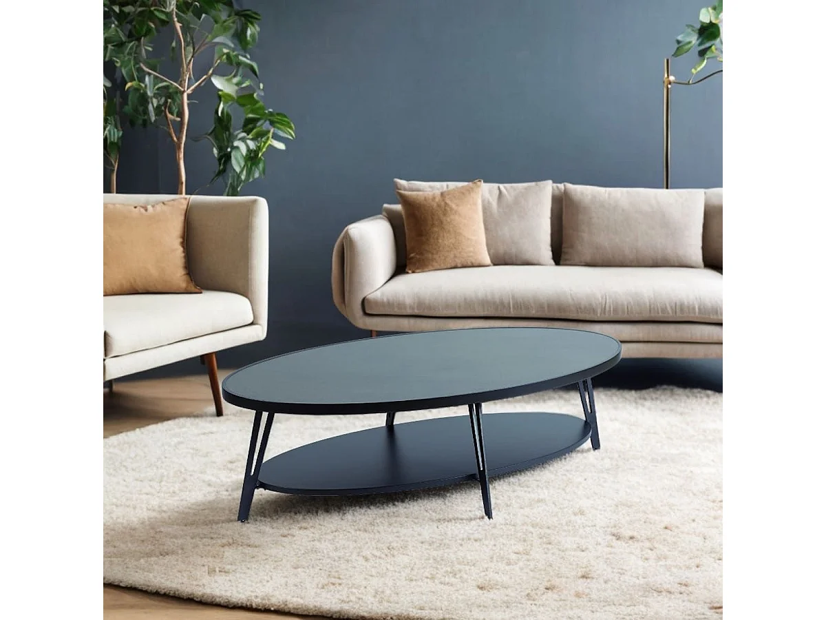 LAUREN - Table Basse Ovale Plateau Céramique Piètement Noir