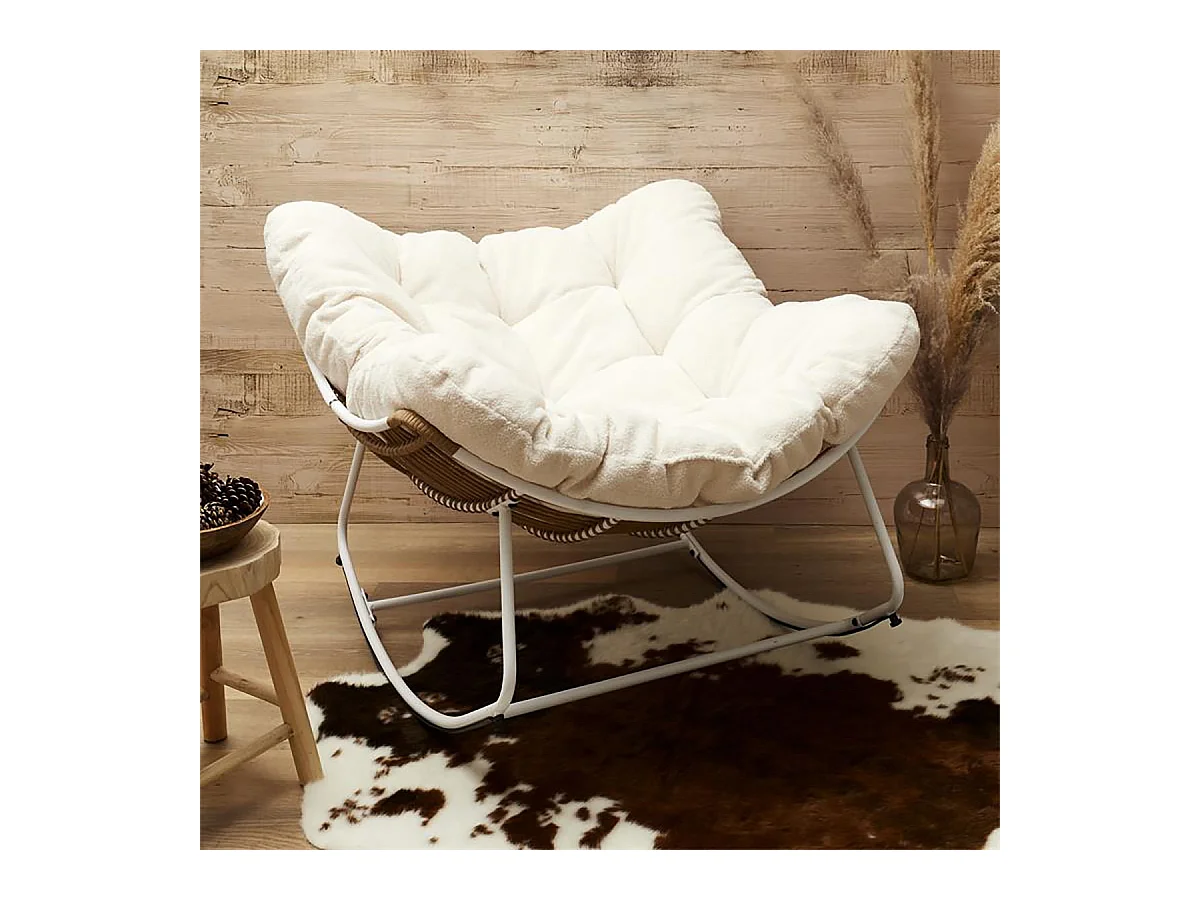 MERIDA - Fauteuil à Bascule Blanc avec Assise Capitonnée et Bouclettes
