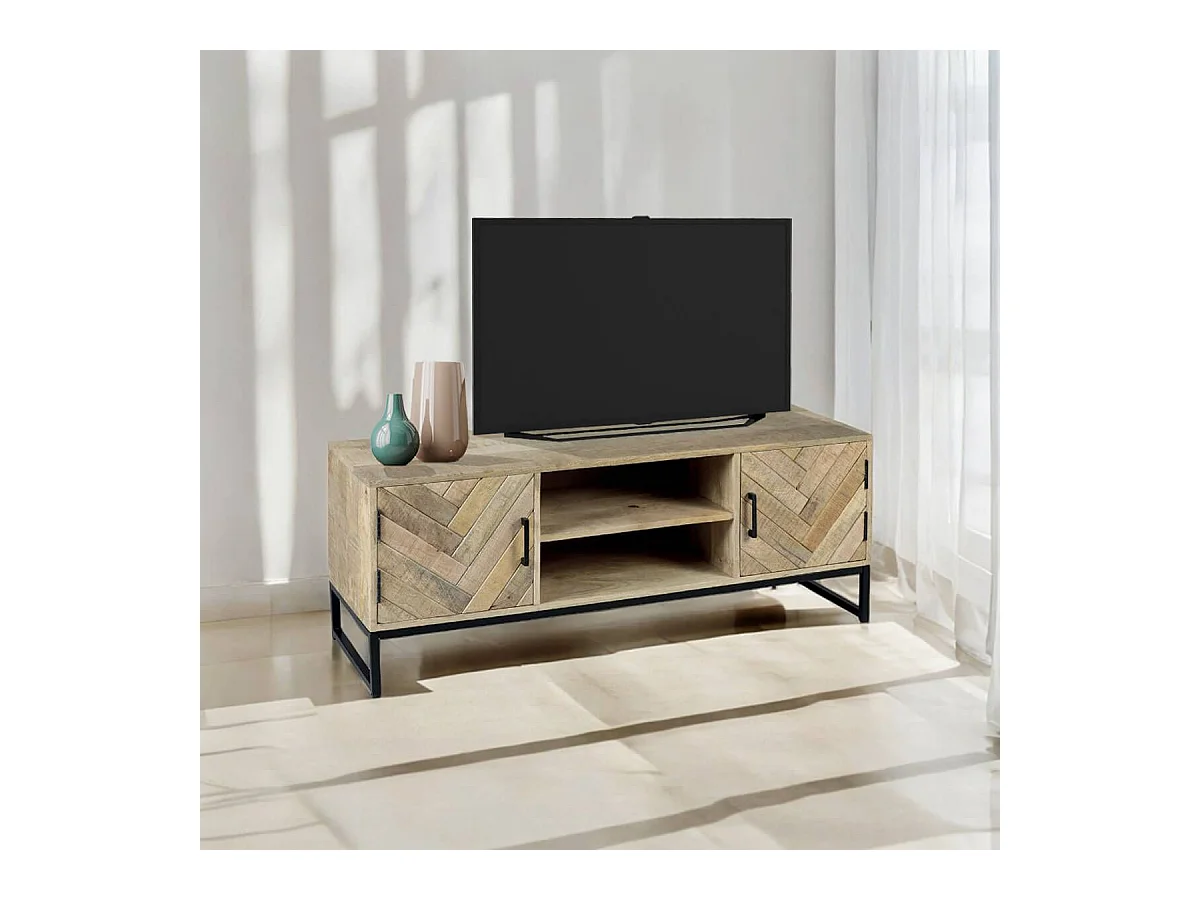 MANKO - Meuble TV 2 Portes 2 Niches en Manguier Massif