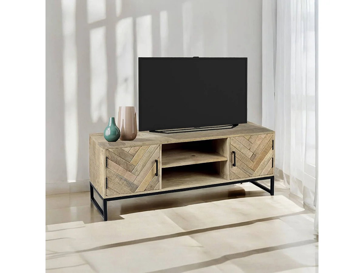 MANKO - Meuble TV 2 Portes 2 Niches en Manguier Massif