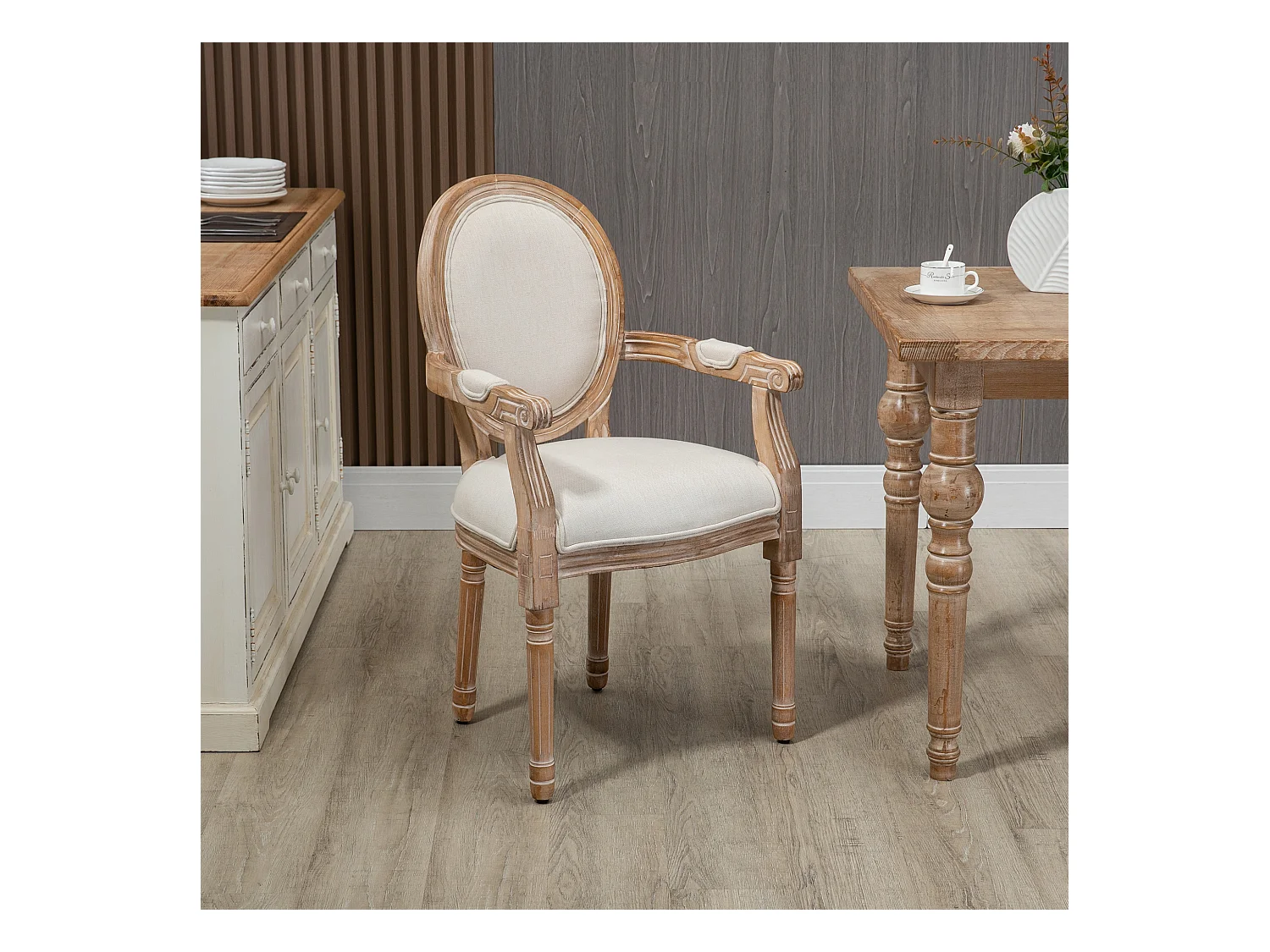 Chaise de salle à manger chaise de salon médaillon style Louis XVI bois hévéa patiné sculpté tissu beige