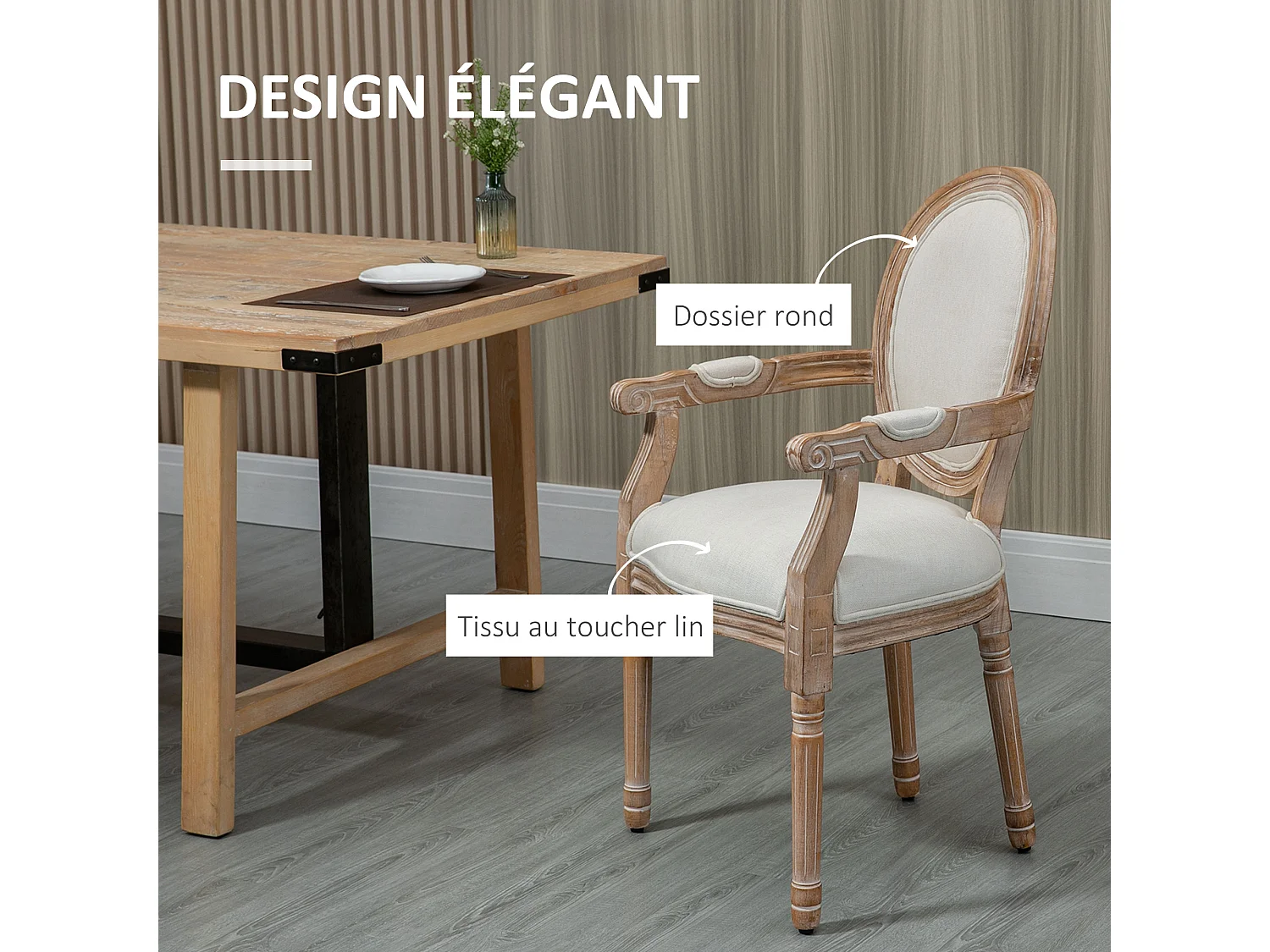 Chaise de salle à manger chaise de salon médaillon style Louis XVI bois hévéa patiné sculpté tissu beige