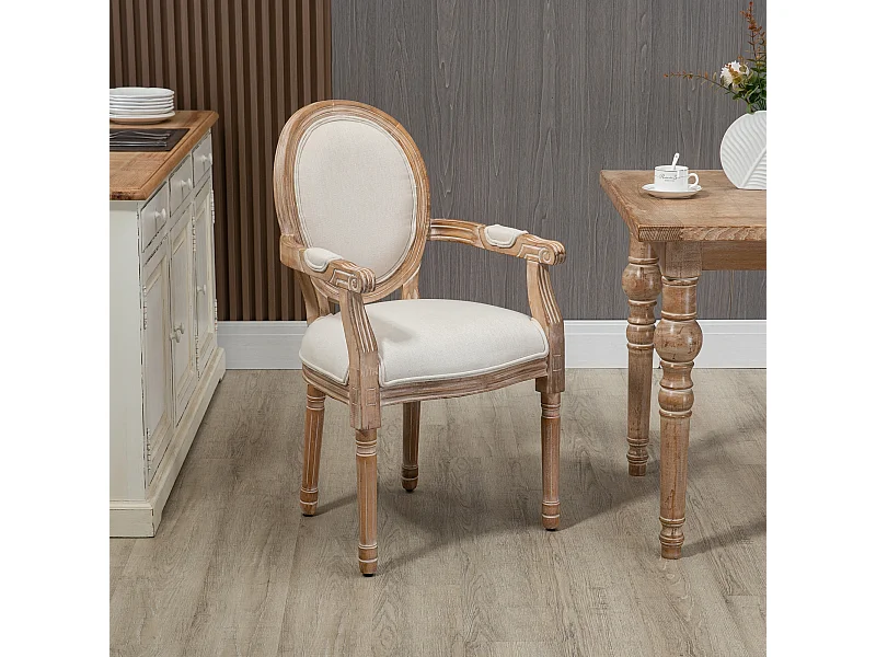 Chaise de salle à manger chaise de salon médaillon style Louis XVI bois hévéa patiné sculpté tissu beige