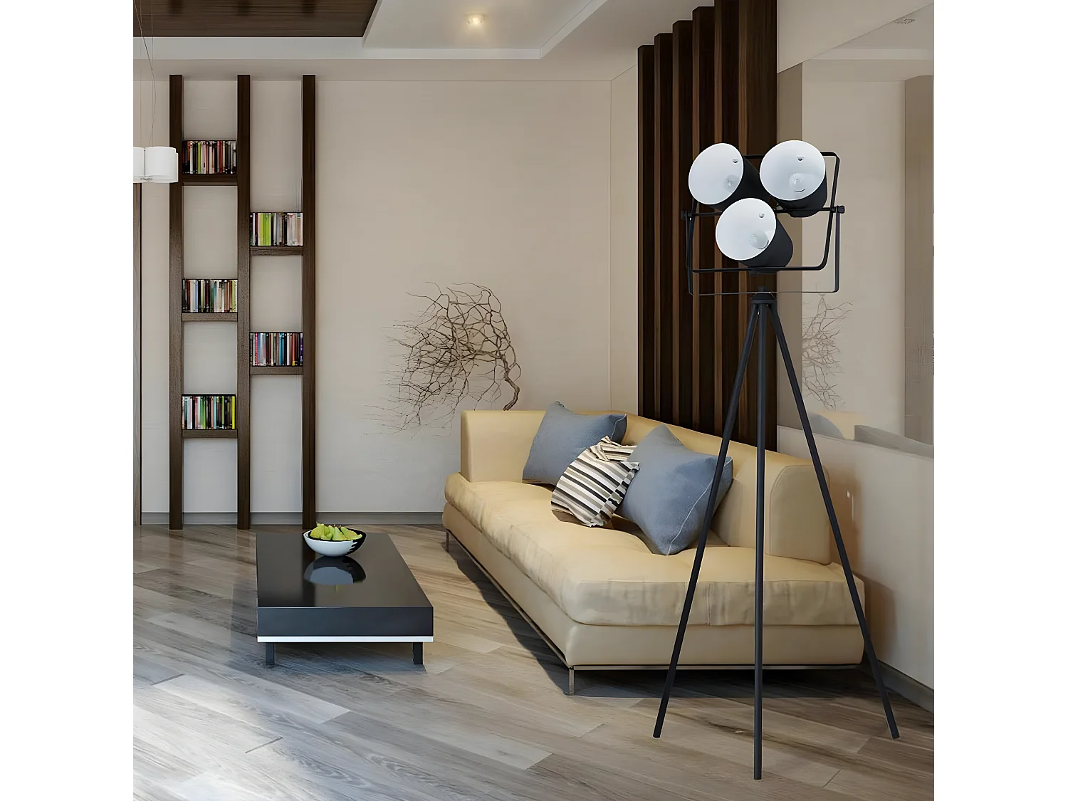 CERBERE - Lampadaire Trépied en Métal Noir 3 projecteurs inclinables