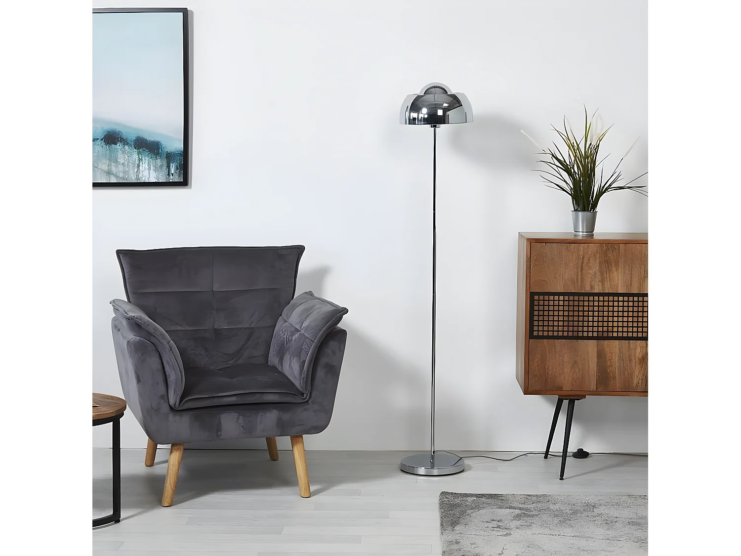 SYMBA - Lampadaire Pied et Abat-jour en Métal Chromé