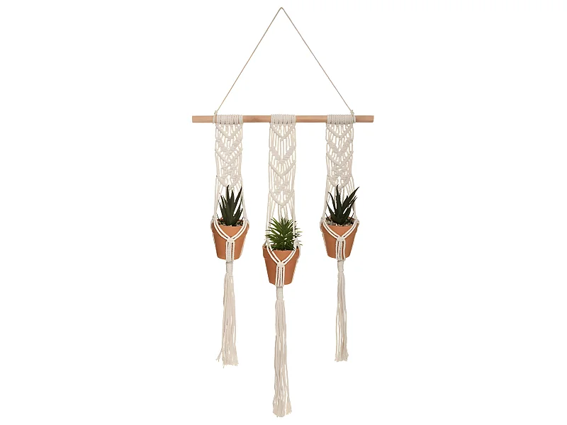 Suspension en Coton 3 Plantes artificielles Pots en Terre cuite  H 68 cm