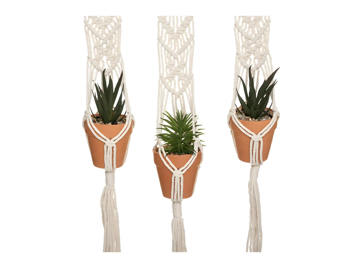 Suspension en Coton 3 Plantes artificielles Pots en Terre cuite  H 68 cm