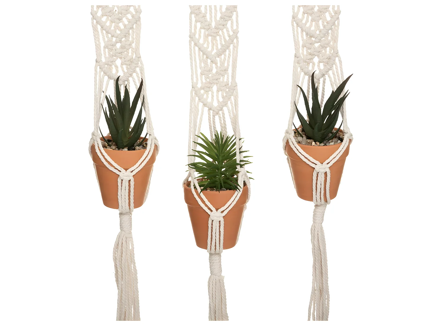 Suspension en Coton 3 Plantes artificielles Pots en Terre cuite  H 68 cm