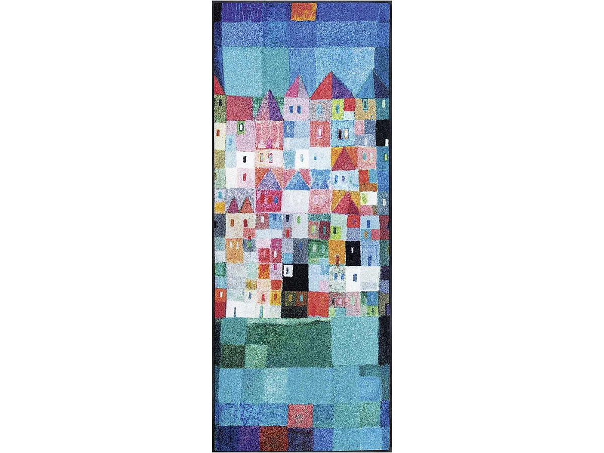 Paillasson 50x75 tissé motif fresque HOUSES bleu