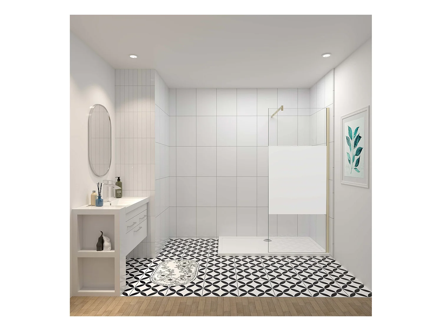 Inloopdouche-douchewand-walk in 80x200 cm,10mm midden wit gematteerd gehard glas met explosieveilige folie+F-vorm: 90 Stabilisatiestang,gouden profiel