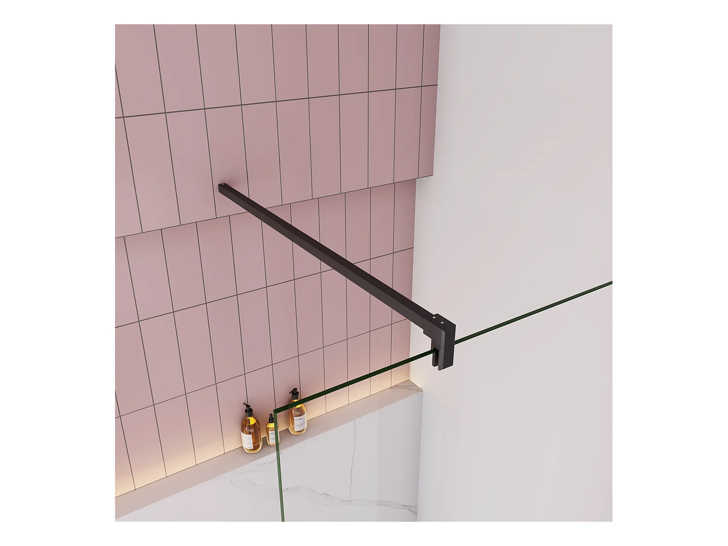 Inloopdouche-douchewand-walk in 8mm NANO EasyClean veiligheidsglas，130x200cm+F-vorm: 90 Stabilisatiestang,mat zwart aluminium profiel.