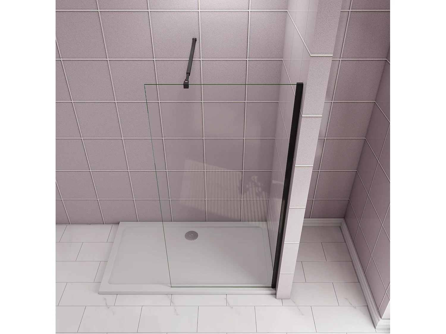 Inloopdouche-douchewand-walk in 10mm NANO EasyClean veiligheidsglas，150x200cm+73-120cm Stabilisatiestang,mat zwart aluminium profiel.